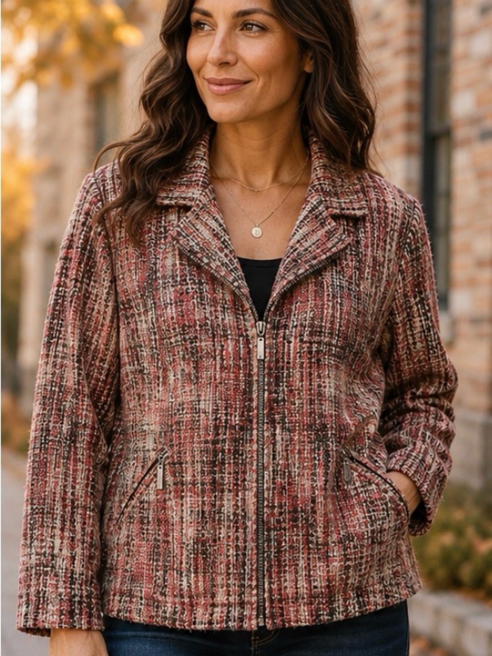 Penningtons Size 22 Textured Tweed Zip Jacket Red Black Cream Plus Size